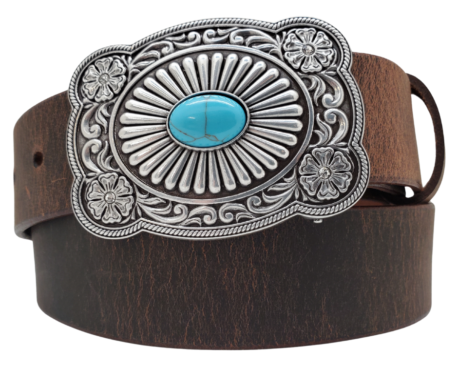 This Las Cruces Southwest inspired buckle with Scroll designs around the border, a Western Flowers with Rhinestones, Turquoise colored stone sunburst centered. Measures 2 1/4" tall by 3 1/8" wide and fits belts up to 1 1/2" wide. Belt is a single strip of leather that is 1 1/2" wide and available in sizes 34" to 44". Available for purchase in our retail shop in Smyrna, TN.