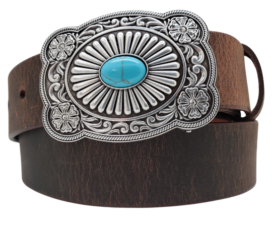 This Las Cruces Southwest inspired buckle with Scroll designs around the border, a Western Flowers with Rhinestones, Turquoise colored stone sunburst centered. Measures 2 1/4" tall by 3 1/8" wide and fits belts up to 1 1/2" wide. Belt is a single strip of leather that is 1 1/2" wide and available in sizes 34" to 44". Available for purchase in our retail shop in Smyrna, TN.