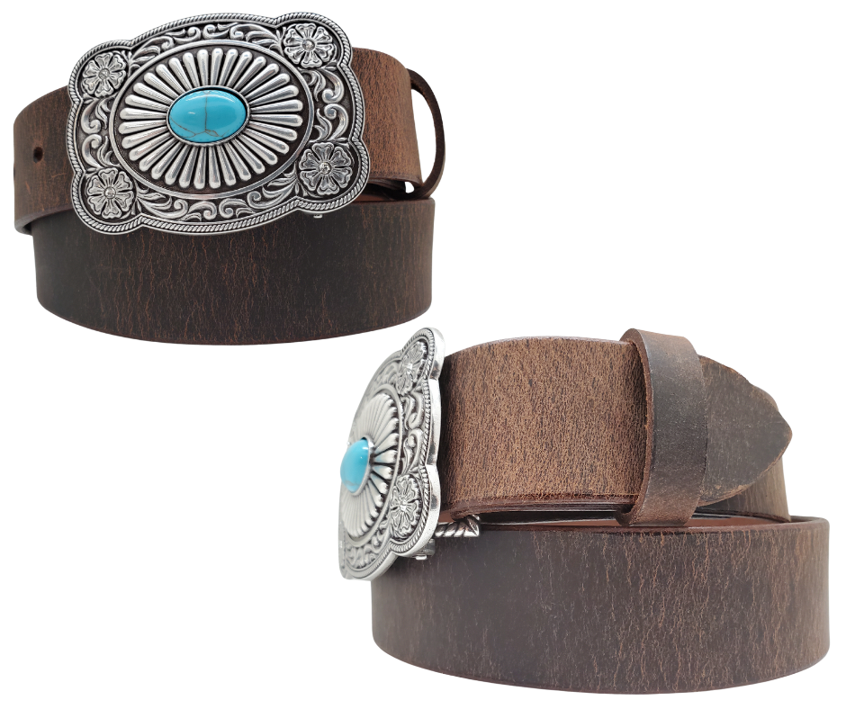 This Las Cruces Southwest inspired buckle with Scroll designs around the border, a Western Flowers with Rhinestones, Turquoise colored stone sunburst centered. Measures 2 1/4" tall by 3 1/8" wide and fits belts up to 1 1/2" wide. Belt is a single strip of leather that is 1 1/2" wide and available in sizes 34" to 44". Available for purchase in our retail shop in Smyrna, TN.