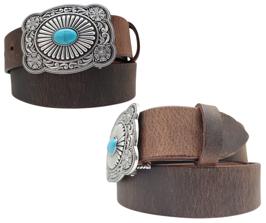 This Las Cruces Southwest inspired buckle with Scroll designs around the border, a Western Flowers with Rhinestones, Turquoise colored stone sunburst centered. Measures 2 1/4" tall by 3 1/8" wide and fits belts up to 1 1/2" wide. Belt is a single strip of leather that is 1 1/2" wide and available in sizes 34" to 44". Available for purchase in our retail shop in Smyrna, TN.