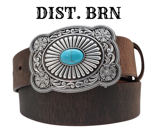 This Las Cruces Southwest inspired buckle with Scroll designs around the border, a Western Flowers with Rhinestones, Turquoise colored stone sunburst centered. Measures 2 1/4" tall by 3 1/8" wide and fits belts up to 1 1/2" wide. Belt is a single strip of leather that is 1 1/2" wide and available in sizes 34" to 44". Available for purchase in our retail shop in Smyrna, TN.