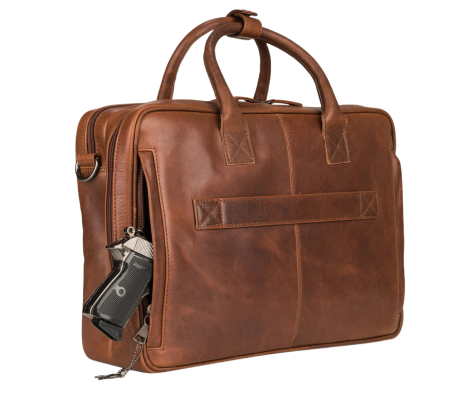 The Executive Computer leather briefcase is available at our Smyrna, TN shop. crafted with premium full-grain leather for durability and a vintage look. This spacious design briefcase has 2 compartments. The front compartment has a RFID organizer with 5 card slots, 2 pen sleeves, 3 open slip pockets secured with a zipper closure. The back padded laptop compartment, zippered pocket on the front. Removable shoulder strap and soft carry handles. Attach your laptop briefcase to rolling luggage.