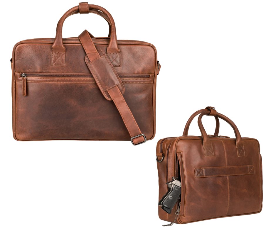 The Executive Computer leather briefcase is available at our Smyrna, TN shop. crafted with premium full-grain leather for durability and a vintage look. This spacious design briefcase has 2 compartments. The front compartment has a RFID organizer with 5 card slots, 2 pen sleeves, 3 open slip pockets secured with a zipper closure. The back padded laptop compartment, zippered pocket on the front. Removable shoulder strap and soft carry handles. Attach your laptop briefcase to rolling luggage.