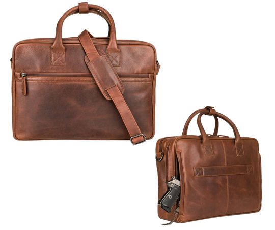 The Executive Computer leather briefcase is available at our Smyrna, TN shop. crafted with premium full-grain leather for durability and a vintage look. This spacious design briefcase has 2 compartments. The front compartment has a RFID organizer with 5 card slots, 2 pen sleeves, 3 open slip pockets secured with a zipper closure. The back padded laptop compartment, zippered pocket on the front. Removable shoulder strap and soft carry handles. Attach your laptop briefcase to rolling luggage.