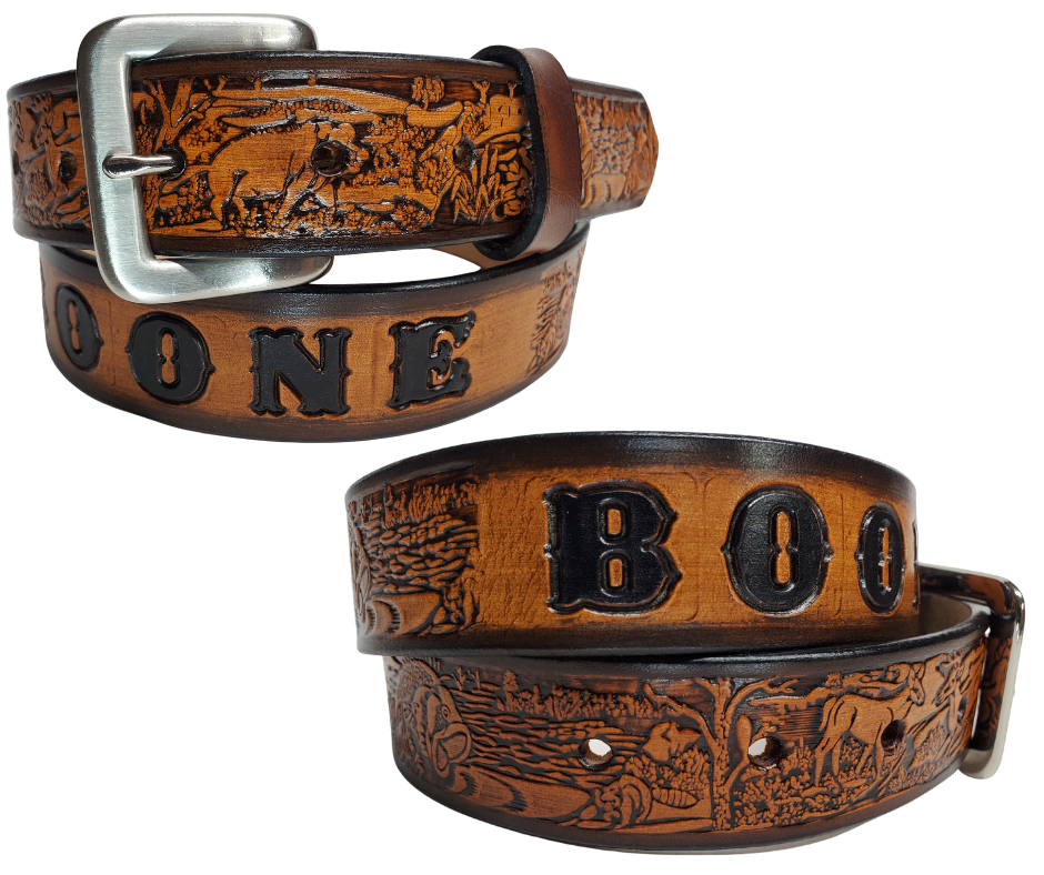 Our Lil Outdoorsmen is just like the Outdoorsmen for dad or mom complete with Hogs, Deer, Fish, Racoon and Squirrel. Full grain American vegetable tanned cowhide approx. 1/8"thick. Width is 1 1/4" and includes Antique Nickle plated Solid Brass buckle. We Hand Finished with a darker brown edge feathered into a tan center. Edges are smooth burnished painted edges. Made in our Smyrna, TN, USA shop. Buckle snaps in place for easy changing if desired.