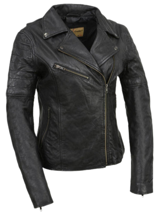 This classic jacket puts a fashionable spin on the timeless Motorcycle Style, which has been a popular choice for over 100 years. Made with soft shrunken Lamb skin and antique silver hardware, it offers both style and durability. With 3 outside pockets and 2 inside pockets, it's also practical. Find it at our Smyrna, TN store near Nashville.