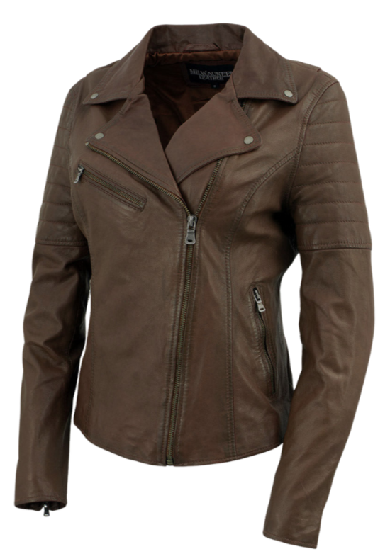 This classic jacket puts a fashionable spin on the timeless Motorcycle Style in Chocolate brown, which has been a popular choice for over 100 years. Made with soft shrunken Lamb skin and antique silver hardware, it offers both style and durability. With 3 outside pockets and 2 inside pockets, it's also practical. Find it at our Smyrna, TN store near Nashville.