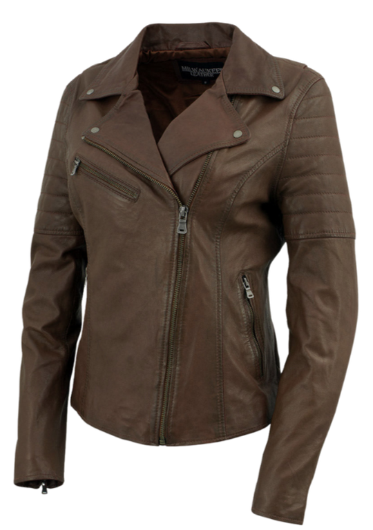 This classic jacket puts a fashionable spin on the timeless Motorcycle Style in Chocolate brown, which has been a popular choice for over 100 years. Made with soft shrunken Lamb skin and antique silver hardware, it offers both style and durability. With 3 outside pockets and 2 inside pockets, it's also practical. Find it at our Smyrna, TN store near Nashville.