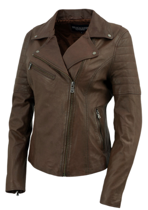 This classic jacket puts a fashionable spin on the timeless Motorcycle Style in Chocolate brown, which has been a popular choice for over 100 years. Made with soft shrunken Lamb skin and antique silver hardware, it offers both style and durability. With 3 outside pockets and 2 inside pockets, it's also practical. Find it at our Smyrna, TN store near Nashville.