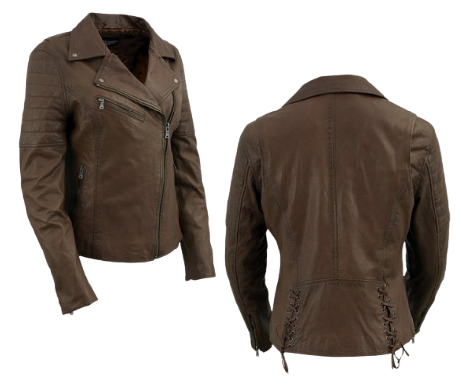 This classic jacket puts a fashionable spin on the timeless Motorcycle Style in Chocolate brown, which has been a popular choice for over 100 years. Made with soft shrunken Lamb skin and antique silver hardware, it offers both style and durability. With 3 outside pockets and 2 inside pockets, it's also practical. Find it at our Smyrna, TN store near Nashville.