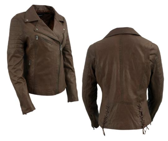 This classic jacket puts a fashionable spin on the timeless Motorcycle Style in Chocolate brown, which has been a popular choice for over 100 years. Made with soft shrunken Lamb skin and antique silver hardware, it offers both style and durability. With 3 outside pockets and 2 inside pockets, it's also practical. Find it at our Smyrna, TN store near Nashville.