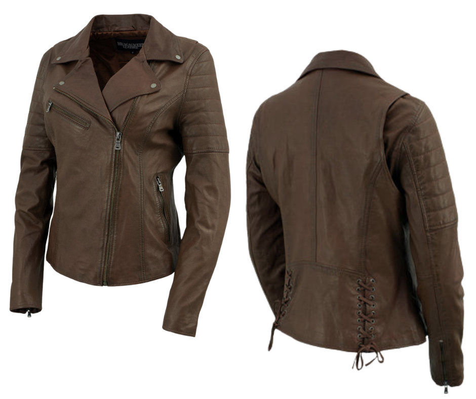 This classic jacket puts a fashionable spin on the timeless Motorcycle Style in Chocolate brown, which has been a popular choice for over 100 years. Made with soft shrunken Lamb skin and antique silver hardware, it offers both style and durability. With 3 outside pockets and 2 inside pockets, it's also practical. Find it at our Smyrna, TN store near Nashville.