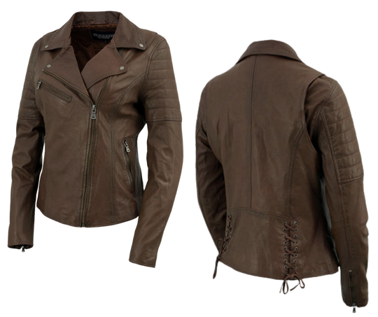 This classic jacket puts a fashionable spin on the timeless Motorcycle Style in Chocolate brown, which has been a popular choice for over 100 years. Made with soft shrunken Lamb skin and antique silver hardware, it offers both style and durability. With 3 outside pockets and 2 inside pockets, it's also practical. Find it at our Smyrna, TN store near Nashville.