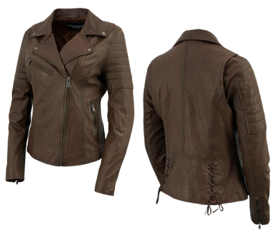 This classic jacket puts a fashionable spin on the timeless Motorcycle Style in Chocolate brown, which has been a popular choice for over 100 years. Made with soft shrunken Lamb skin and antique silver hardware, it offers both style and durability. With 3 outside pockets and 2 inside pockets, it's also practical. Find it at our Smyrna, TN store near Nashville.