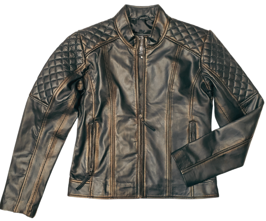 This Distressed Brown Lamb skin jacket is soft and supple a update of a timeless classic. with a fashionable European style, it features black lining, antique silver hardware, and 2 outside pockets and two inside pockets. You can find it near Nashville, in Smyrna, TN.