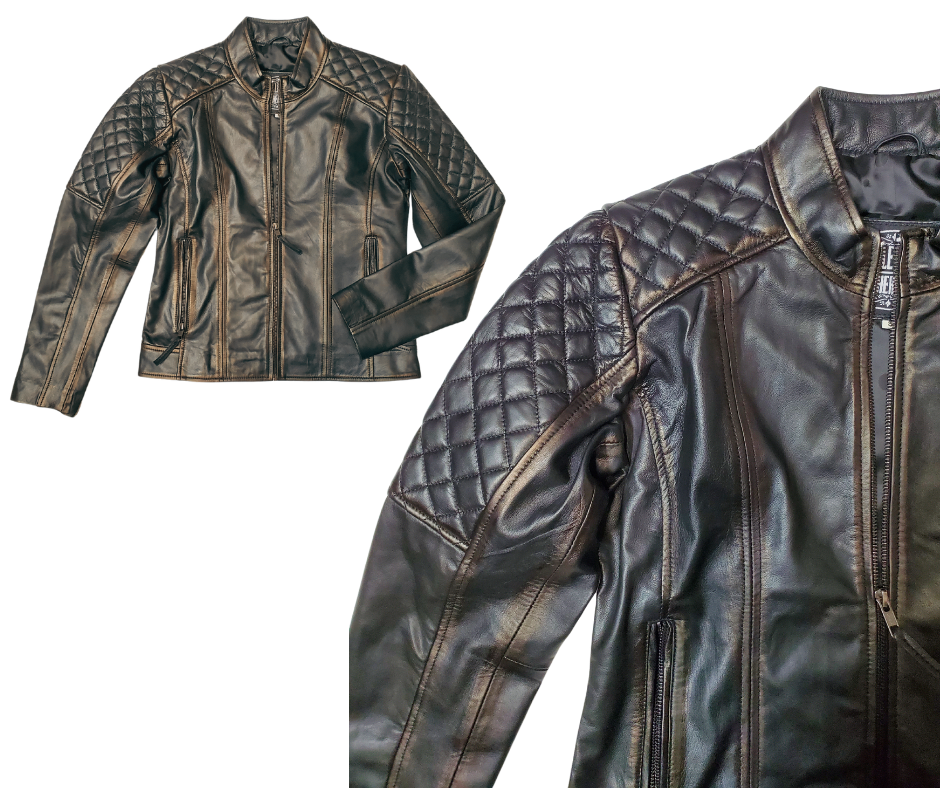 This Distressed Brown Lamb skin jacket is soft and supple a update of a timeless classic. with a fashionable European style, it features black lining, antique silver hardware, and 2 outside pockets and two inside pockets. You can find it near Nashville, in Smyrna, TN.