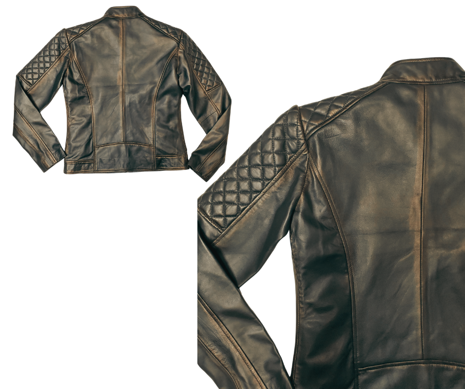 This Distressed Brown Lamb skin jacket is soft and supple a update of a timeless classic. with a fashionable European style, it features black lining, antique silver hardware, and 2 outside pockets and two inside pockets. You can find it near Nashville, in Smyrna, TN.