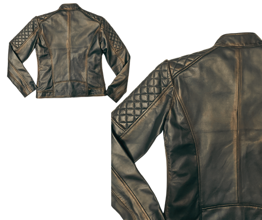 This Distressed Brown Lamb skin jacket is soft and supple a update of a timeless classic. with a fashionable European style, it features black lining, antique silver hardware, and 2 outside pockets and two inside pockets. You can find it near Nashville, in Smyrna, TN.