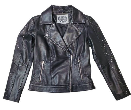 This Studded Black MC&nbsp; Zip front Lamb skin jacket is soft and supple a update of a timeless classic, it features black lining, antique silver hardware, and 3 outside pockets and two inside pockets. Bring your inner rocker! You can find it near Nashville, in Smyrna, TN.  Sizes XS-5XL Call for size availability.