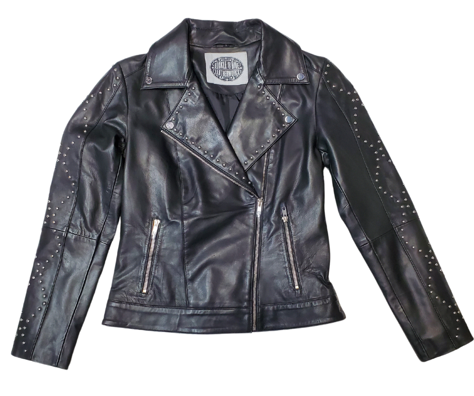 This Studded Black MC&nbsp; Zip front Lamb skin jacket is soft and supple a update of a timeless classic, it features black lining, antique silver hardware, and 3 outside pockets and two inside pockets. Bring your inner rocker! You can find it near Nashville, in Smyrna, TN.  Sizes XS-5XL Call for size availability.