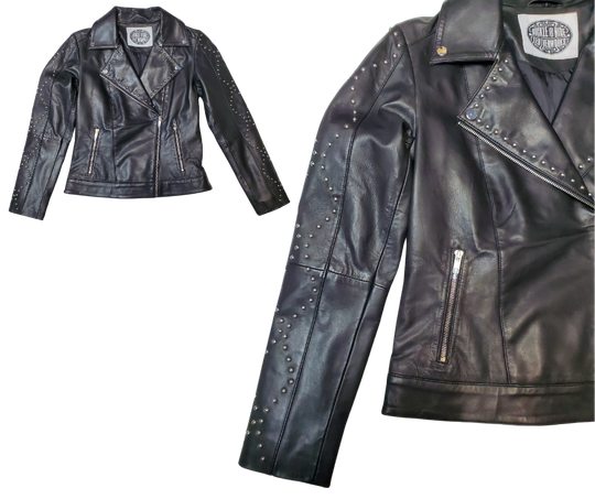 This Studded Black MC&nbsp; Zip front Lamb skin jacket is soft and supple a update of a timeless classic, it features black lining, antique silver hardware, and 3 outside pockets and two inside pockets. Bring your inner rocker! You can find it near Nashville, in Smyrna, TN.  Sizes XS-5XL Call for size availability.