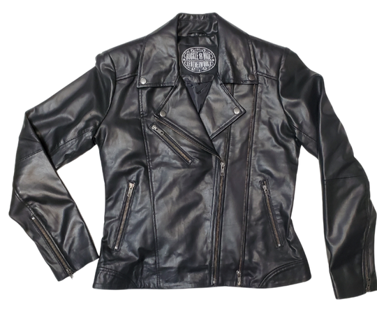 This JETT Black MC Double Zip front Lamb skin jacket is soft and supple a update of a timeless classic. , it features black lining, antique silver hardware, and 3 outside pockets and two inside pockets. You can find it near Nashville, in Smyrna, TN.  Sizes XS-5XL Call for size availability.