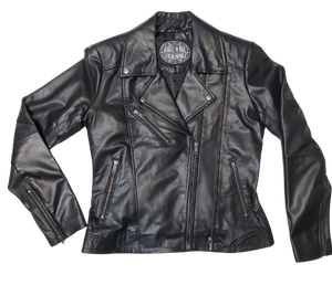 This JETT Black MC Double Zip front Lamb skin jacket is soft and supple a update of a timeless classic. , it features black lining, antique silver hardware, and 3 outside pockets and two inside pockets. You can find it near Nashville, in Smyrna, TN.  Sizes XS-5XL Call for size availability.