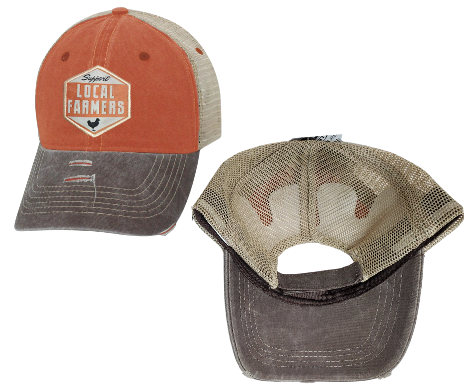 Local Farmers feed America, show your support with this Embroidered Distressed Trucker Cap! The faded orange twill front and tan mesh back feature  graphic of a Chicken, Support Local Farmers on a diamond shaped patch, and a brown bill and on the under side. Fits most anybody with a adjustable snap strap. Take a short trip outside Nashville to our Smyrna, TN shop and get yours now!  COLOR: BROWN/TAN/ORANGE