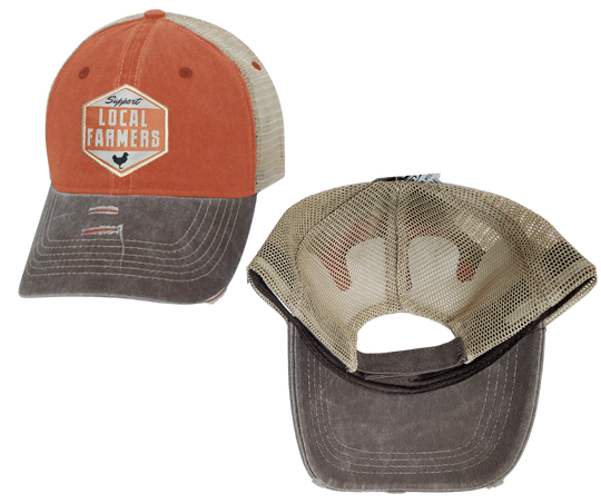 Local Farmers feed America, show your support with this Embroidered Distressed Trucker Cap! The faded orange twill front and tan mesh back feature  graphic of a Chicken, Support Local Farmers on a diamond shaped patch, and a brown bill and on the under side. Fits most anybody with a adjustable snap strap. Take a short trip outside Nashville to our Smyrna, TN shop and get yours now!  COLOR: BROWN/TAN/ORANGE