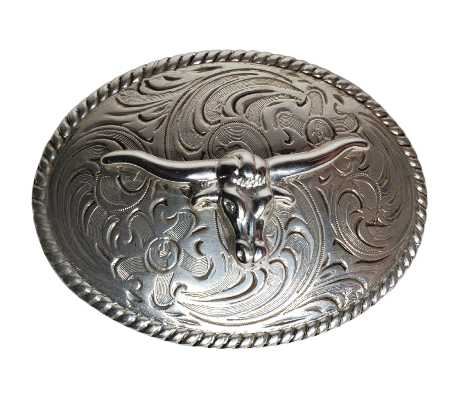 Let the little ones express their inner cowboy with this awesome longhorn belt buckle! Featuring a scroll background, rope border, in antique silver, this approx. 2" x 3" buckle looks great with a 1 1/4" belt. Saddle up and purchase yours in our Smyrna, TN (near Nashville) store or online.