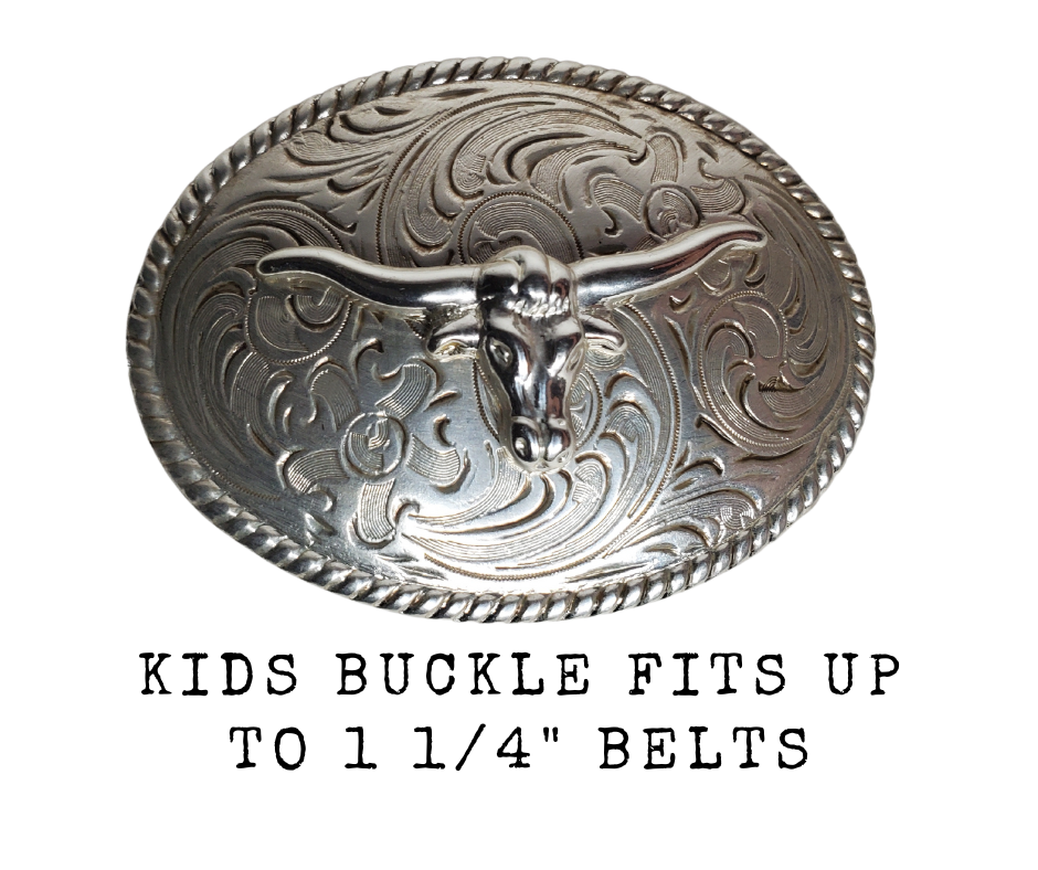 Let the little ones express their inner cowboy with this awesome longhorn belt buckle! Featuring a scroll background, rope border, in antique silver, this approx. 2" x 3" buckle looks great with a 1 1/4" belt. Saddle up and purchase yours in our Smyrna, TN (near Nashville) store or online.