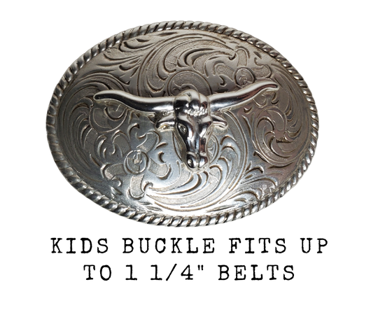 Let the little ones express their inner cowboy with this awesome longhorn belt buckle! Featuring a scroll background, rope border, in antique silver, this approx. 2" x 3" buckle looks great with a 1 1/4" belt. Saddle up and purchase yours in our Smyrna, TN (near Nashville) store or online.