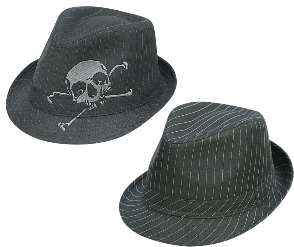 Our Pinstripe Fedora style is a timeless classic that has been popular from the 20's until today. It's loved by everyone, from Gansters to Politicians, and is a must-have accessory. This hat is made with high-quality 100% poly cotton and is available in either a stylish Skull and Crossbones design or classic pinstripes. The 4" crown and 1.5" brim make for a perfect fit, and it's available in sizes S-XL. Come visit us at our retail shop in Smyrna, TN, just outside of Nashville.