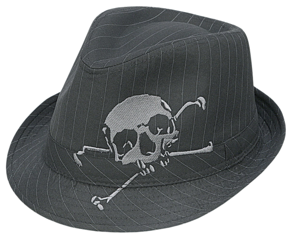 Our Pinstripe Fedora style is a timeless classic that has been popular from the 20's until today. It's loved by everyone, from Gansters to Politicians, and is a must-have accessory. This hat is made with high-quality 100% poly cotton and is available in either a stylish Skull and Crossbones design or classic pinstripes. The 4" crown and 1.5" brim make for a perfect fit, and it's available in sizes S-XL. Come visit us at our retail shop in Smyrna, TN, just outside of Nashville.