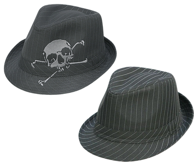Lined Approx. 4" crown Approx. 1.5" brimYou don't need a suit to wear these Pinstripe Fedoras. "Skull it" up or down since they are versatile enough to work most any style. They're lined and have Approx. 4" crown and&nbsp;1.5" brim&nbsp;that's made with 100% poly cotton. Pick yours up at our Smyrna, TN location just a short drive from Nashville. Sized S-XL.