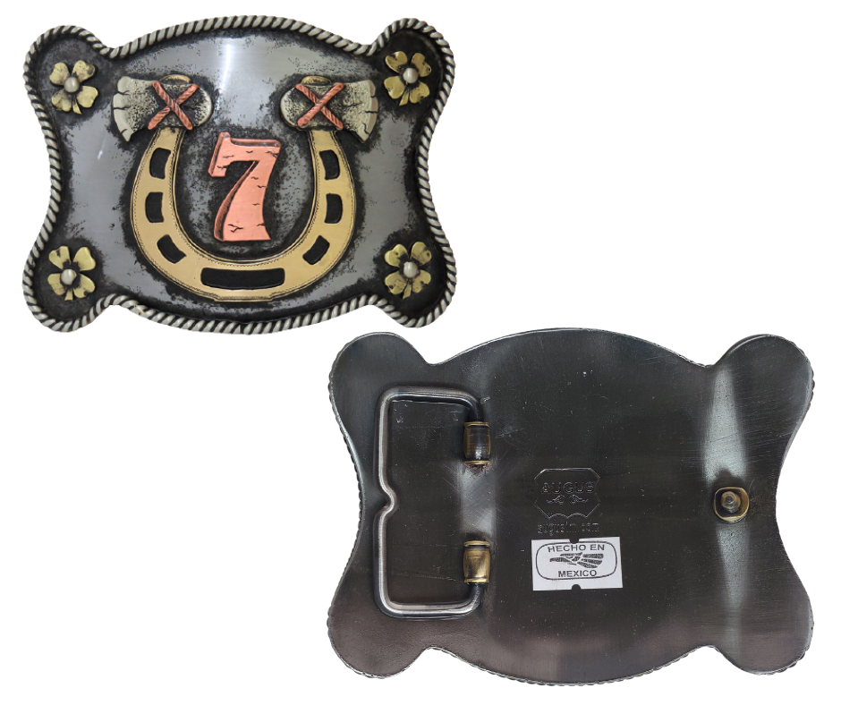 The Lucky 7 buckle is made from German Silver (nickel and brass alloy) or iron metal base. Each piece is punched, cut, soldered, engraved, polished and painted by our talented metal workers.  Our products are all handcrafted. Finally each piece is covered with a heat sealed lacquer to ensure the piece's long lasting qualities. Available at our Smyrna, TN shop just outside of Nashville.