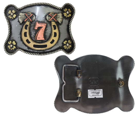 The Lucky 7 buckle is made from German Silver (nickel and brass alloy) or iron metal base. Each piece is punched, cut, soldered, engraved, polished and painted by our talented metal workers.  Our products are all handcrafted. Finally each piece is covered with a heat sealed lacquer to ensure the piece's long lasting qualities. Available at our Smyrna, TN shop just outside of Nashville.