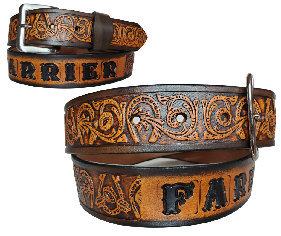 We are always trying to find classic iconic patterns and this is one of those....Horseshoes mixed with a Western scroll pattern. It's a professionally crafted, genuine leather belt made from 8-10 oz cowhide shoulder leather, approximately 1/8" thick. It boasts a hand burnished edge, along with a multi-step dye and finishing technique. The antique nickel plated solid brass buckle is affixed with heavy snaps. This belt is crafted near Nashville, TN in Smyrna.