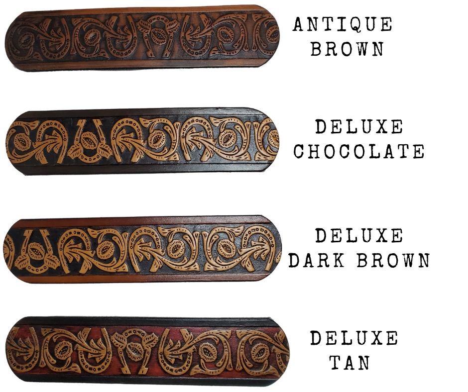 We are always trying to find classic iconic patterns and this is one of those....Horseshoes mixed with a Western scroll pattern. It's a professionally crafted, genuine leather belt made from 8-10 oz cowhide shoulder leather, approximately 1/8" thick. It boasts a hand burnished edge, along with a multi-step dye and finishing technique. The antique nickel plated solid brass buckle is affixed with heavy snaps. This belt is crafted near Nashville, TN in Smyrna.