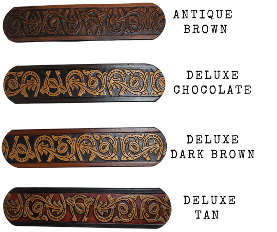 We are always trying to find classic iconic patterns and this is one of those....Horseshoes mixed with a Western scroll pattern. It's a professionally crafted, genuine leather belt made from 8-10 oz cowhide shoulder leather, approximately 1/8" thick. It boasts a hand burnished edge, along with a multi-step dye and finishing technique. The antique nickel plated solid brass buckle is affixed with heavy snaps. This belt is crafted near Nashville, TN in Smyrna.