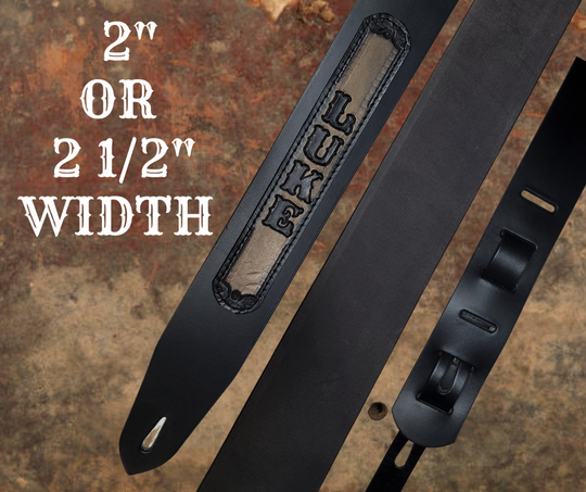 Acoustic Guitars and Great Songs and Lyrics have been staple for years in Country music!  "This 2" or 2 1/2" wide Guitar Strap is a nod to that classic influence. The main Body of the strap is approx. 1/8" thick Black Leather Strap with a CUSTOMIZABLE LEATHER NAME PATCH. The classic adjustment style goes from approx. 42" to 56" at it's longest . Made just outside Nashville in our Smyrna, TN. shop. It will need a bit of time to "break in" but will get a great patina over time.   