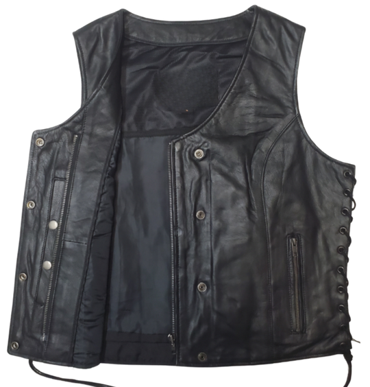 Classic V-neck style ladies leather side laced motorcycle riding vest featuring a SNAP/ZIP front.&nbsp; Made from lighter weight Lambskin and is Available for purchase in our leather shop in Smyrna, TN, near Nashville.&nbsp; Available in sizes small to 5x.