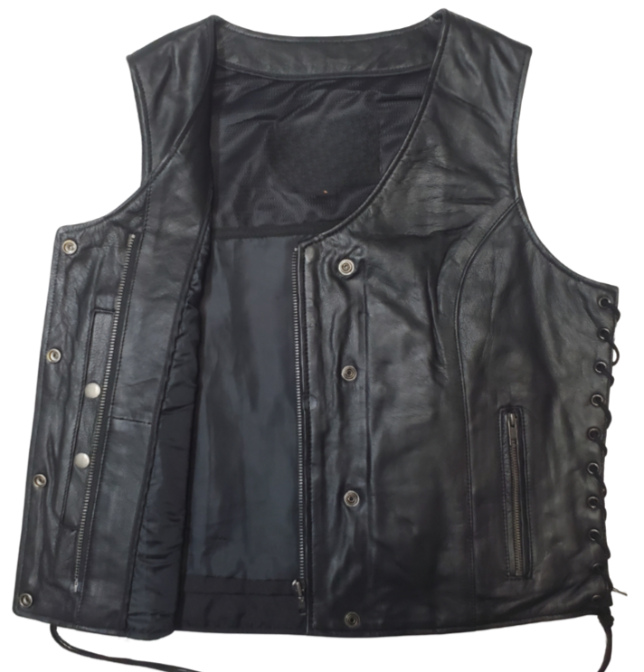 Classic V-neck style ladies leather side laced motorcycle riding vest featuring a SNAP/ZIP front.&nbsp; Made from lighter weight Lambskin and is Available for purchase in our leather shop in Smyrna, TN, near Nashville.&nbsp; Available in sizes small to 5x.