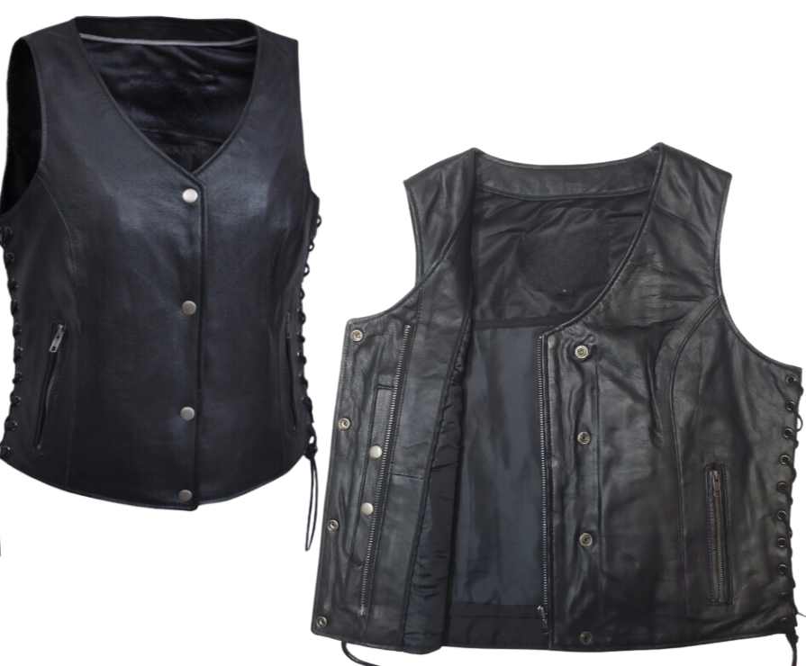 Classic V-neck style ladies leather side laced motorcycle riding vest featuring a SNAP/ZIP front.&nbsp; Made from lighter weight Lambskin and is Available for purchase in our leather shop in Smyrna, TN, near Nashville.&nbsp; Available in sizes small to 5x.