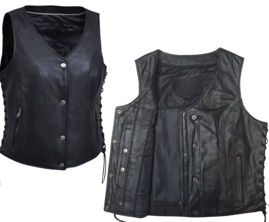 Classic V-neck style ladies leather side laced motorcycle riding vest featuring a SNAP/ZIP front.&nbsp; Made from lighter weight Lambskin and is Available for purchase in our leather shop in Smyrna, TN, near Nashville.&nbsp; Available in sizes small to 5x.