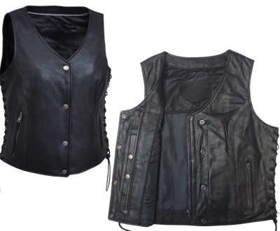 Classic V-neck style ladies leather side laced motorcycle riding vest featuring a SNAP/ZIP front.&nbsp; Made from lighter weight Lambskin and is Available for purchase in our leather shop in Smyrna, TN, near Nashville.&nbsp; Available in sizes small to 5x.