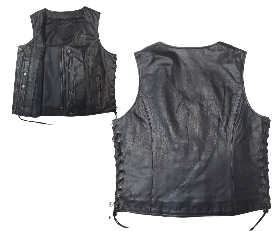 Classic V-neck style ladies leather side laced motorcycle riding vest featuring a SNAP/ZIP front.&nbsp; Made from lighter weight Lambskin and is Available for purchase in our leather shop in Smyrna, TN, near Nashville.&nbsp; Available in sizes small to 5x.