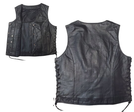 Classic V-neck style ladies leather side laced motorcycle riding vest featuring a SNAP/ZIP front.&nbsp; Made from lighter weight Lambskin and is Available for purchase in our leather shop in Smyrna, TN, near Nashville.&nbsp; Available in sizes small to 5x.