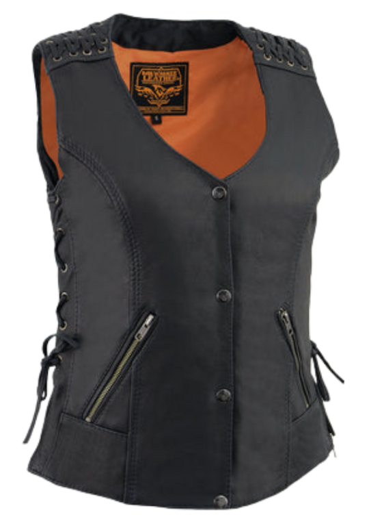 Updated V-neck style&nbsp; ladies leather with woven/lace shoulders and lower back motorcycle riding vest.&nbsp; Made from lighter weight Goatskin and contains conceal carry pockets, and 2 zippered small pockets on front sides. It has mostly 1 panel pack and snap front closure.&nbsp; Available for purchase in our leather shop in Smyrna, TN, near Nashville.&nbsp; Available in sizes small to 5x.