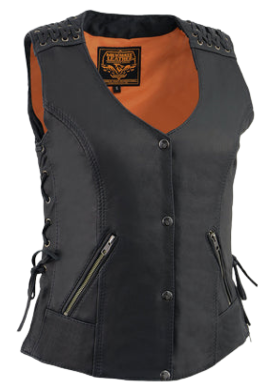 Updated V-neck style&nbsp; ladies leather with woven/lace shoulders and lower back motorcycle riding vest.&nbsp; Made from lighter weight Goatskin and contains conceal carry pockets, and 2 zippered small pockets on front sides. It has mostly 1 panel pack and snap front closure.&nbsp; Available for purchase in our leather shop in Smyrna, TN, near Nashville.&nbsp; Available in sizes small to 5x.